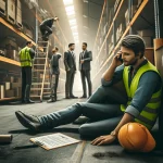 DALL·E 2025-04-17 00.17.33 – A photorealistic editorial-style image focused on injury in the workplace. The scene shows a warehouse environment where a worker’s hard hat and high-